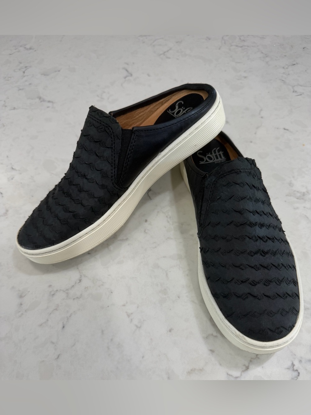 Sofft Somers III Black Textured Slip-On Mule Loafers with White Sole